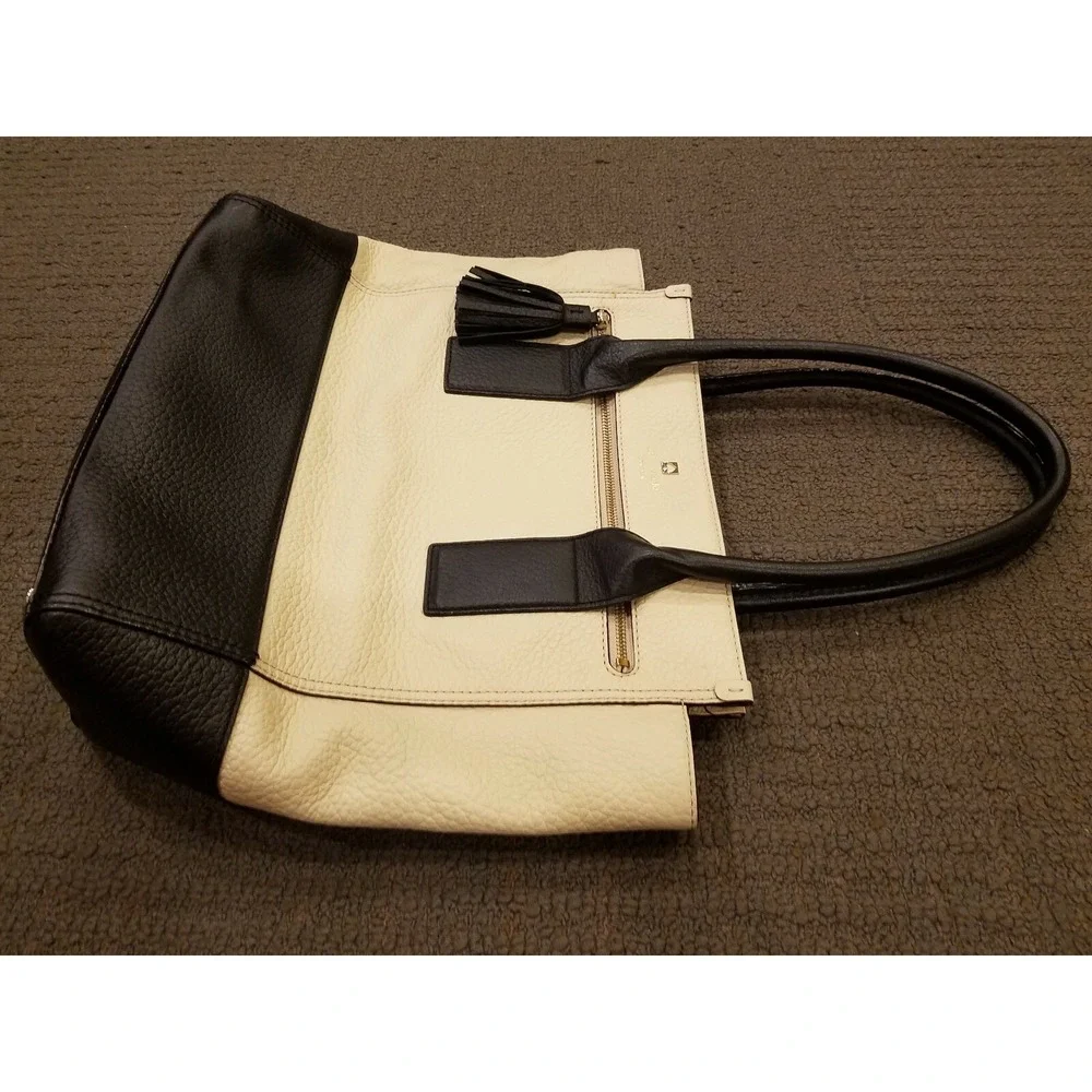 KATE SPADE New York Satchel Pebbled Leather Shoulder Handbag Black White